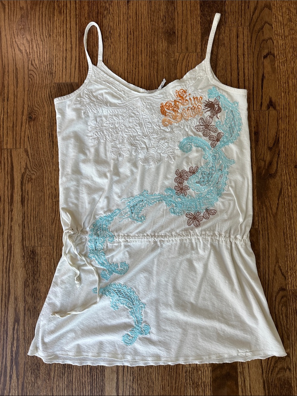 White Embroidered Scoop Camisole with Teal and Brown Accents